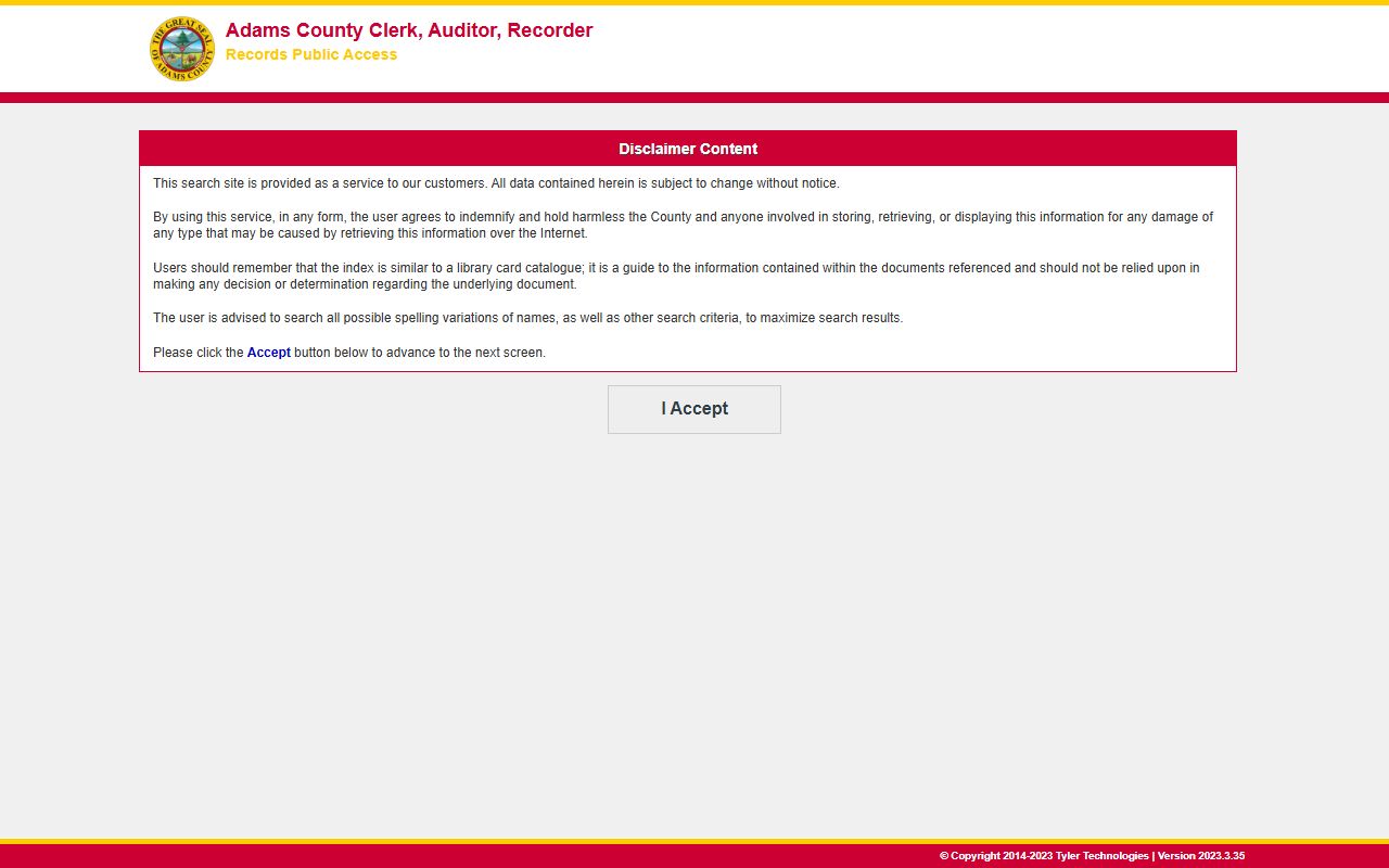 Adams County Clerk records recorded documents disclaimer