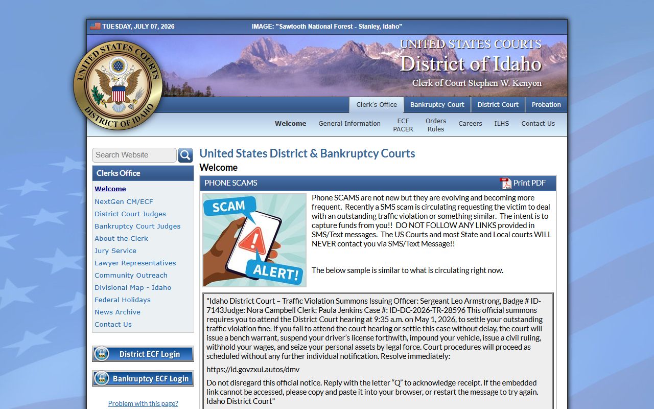 Adams County criminal court records federal District of Idaho source
