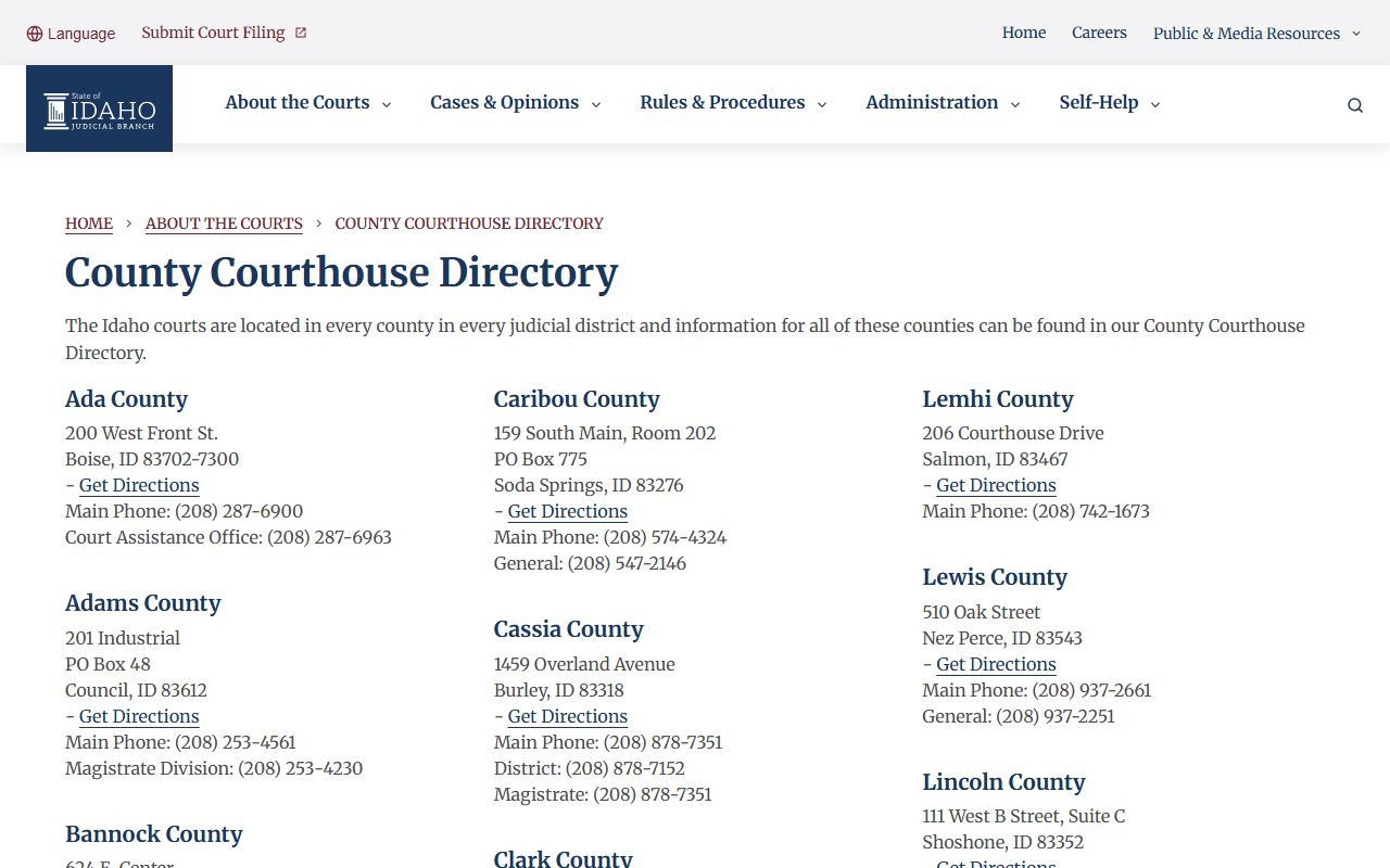 Adams County court records Idaho courthouse directory entry