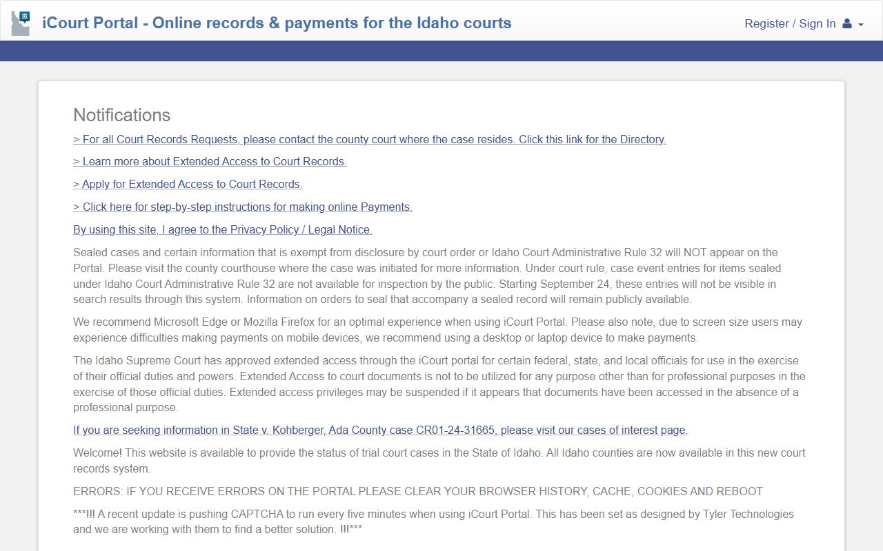 Adams County court records Idaho iCourt portal