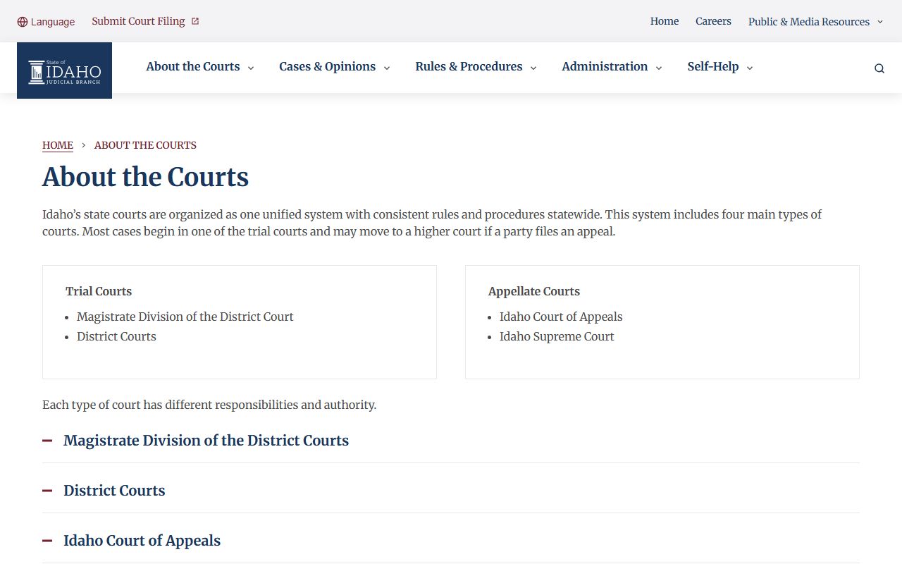 Adams County court records Idaho unified court structure