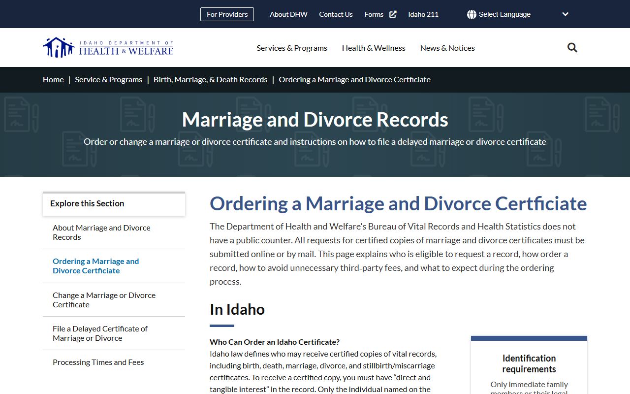 Adams County divorce records Idaho DHW certificate ordering