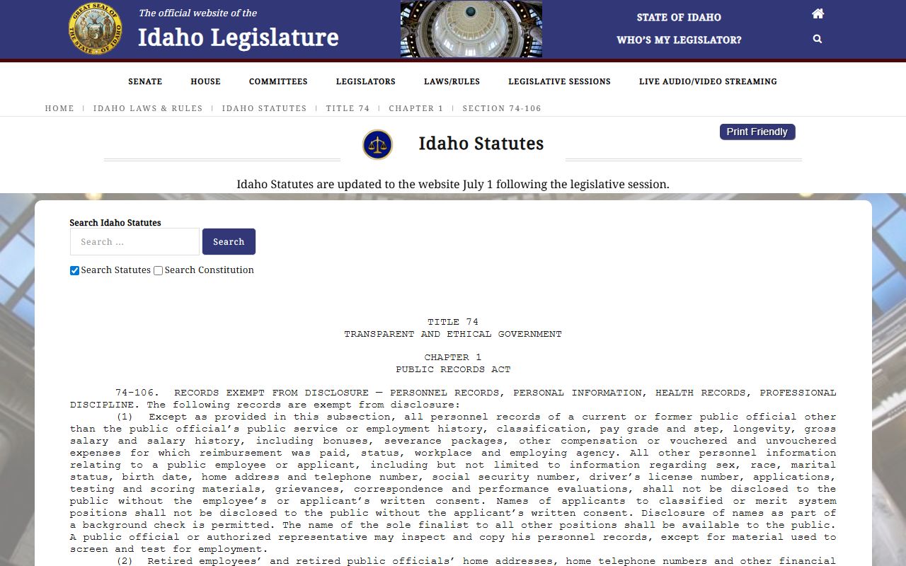 Adams County divorce records Idaho personal information exemptions