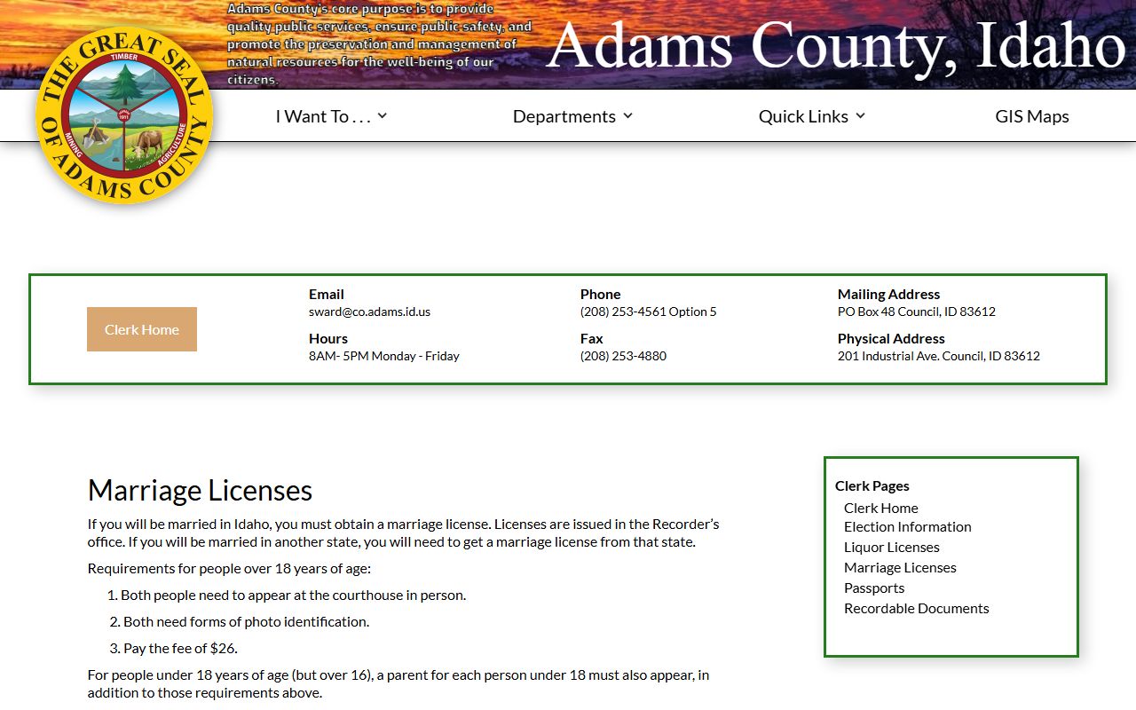 Adams County marriage records license instructions