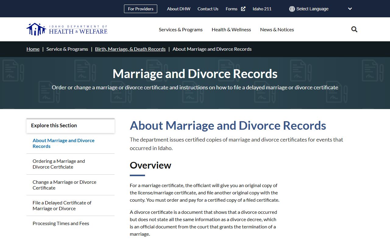 Adams County marriage records Idaho DHW certificate overview