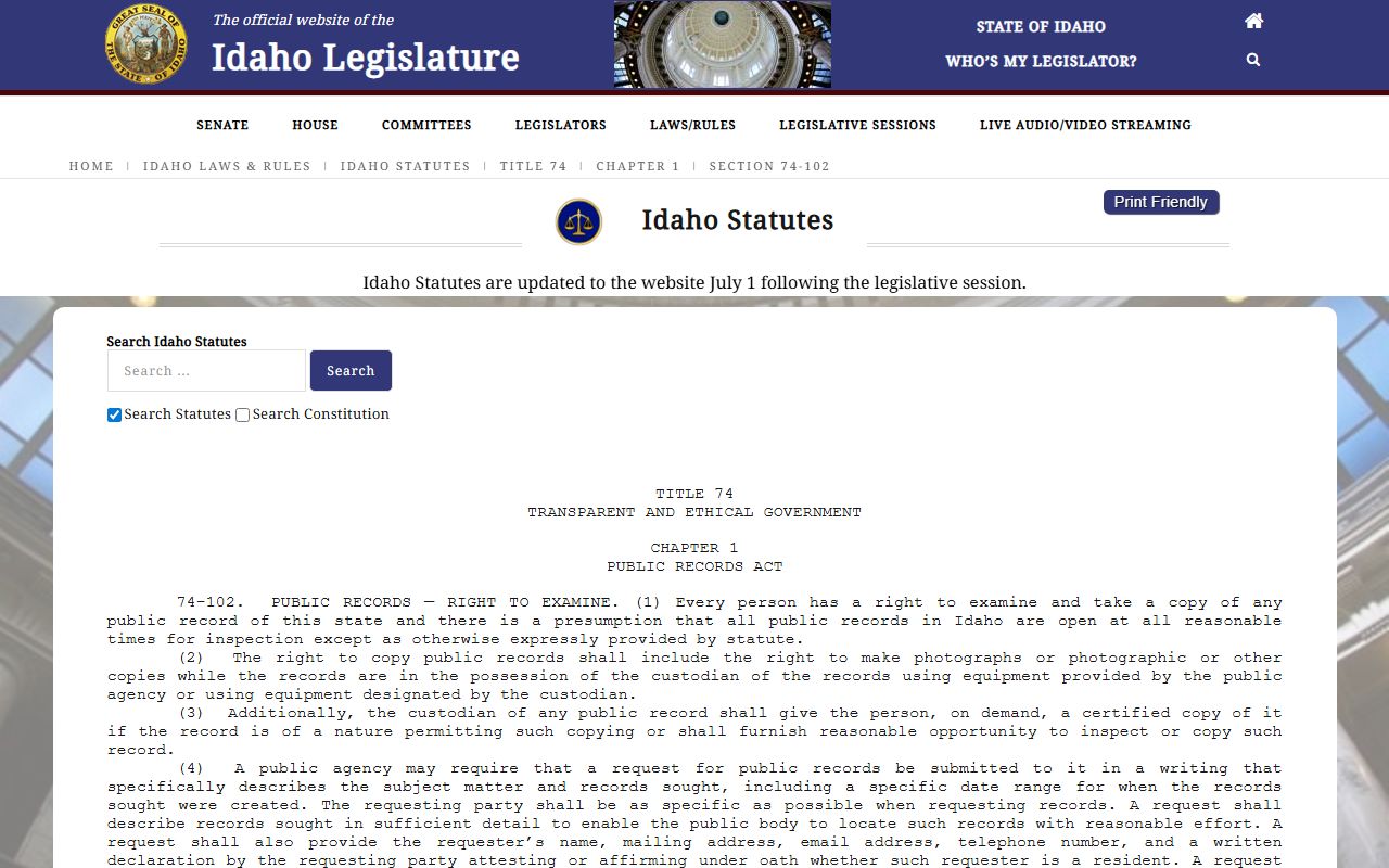 Adams County warrant search public records access under Idaho Code 74-102
