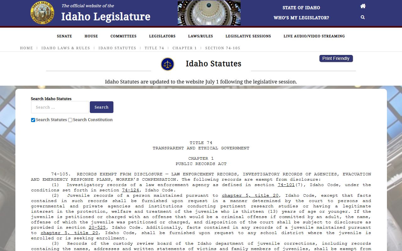 Adams County warrant records and Idaho law enforcement investigatory record limits